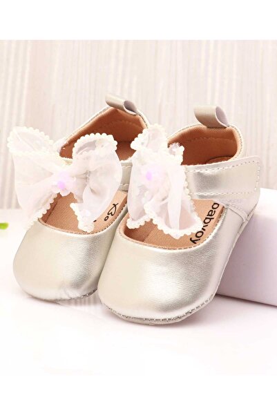 Babyoye Velcro Closure Solid Coloured Booties With Bow Applique - Silver