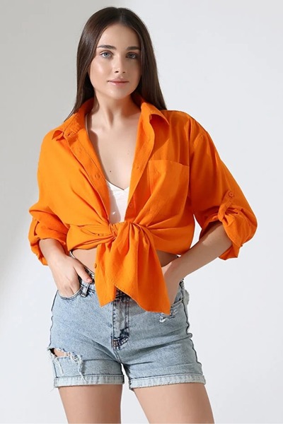 GÖMLEKÇİNİZ Linen Fabric Oversized Orange Women's Shirt