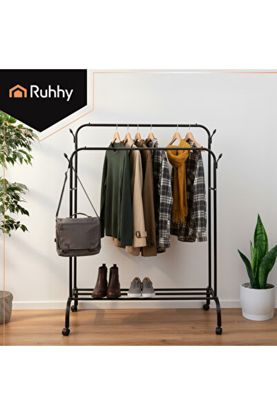 Ruhhy 2-Bar Hanger, Lower Shelf, Side Hooks – Clothes Rack on Wheels, 150x110...