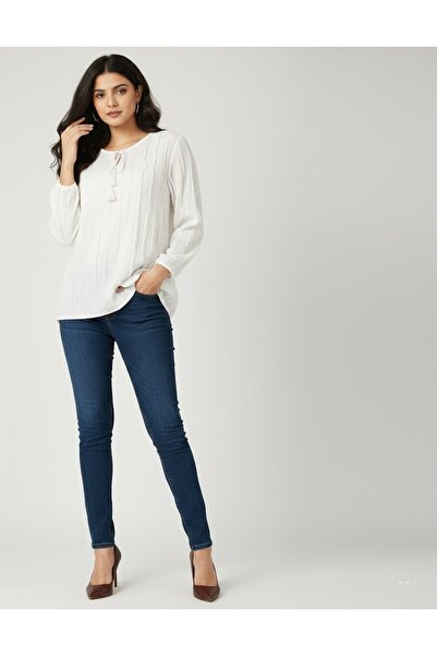 THEBEK Tie-Down Collar Fır Fır Fabric Long Sleeve Women's Blouse