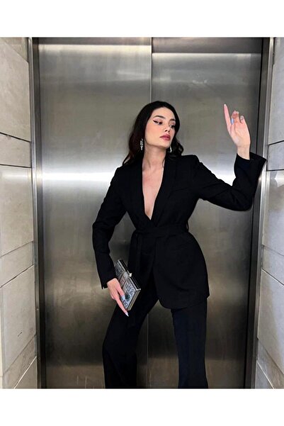 MYGİYİMİSTANBUL Tie-Up Blazer Jacket Wide Leg Trousers Set