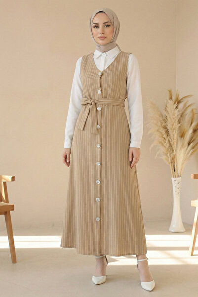 Kirazgym Women's Buttoned Belted Striped Hijab Gilet - Mink