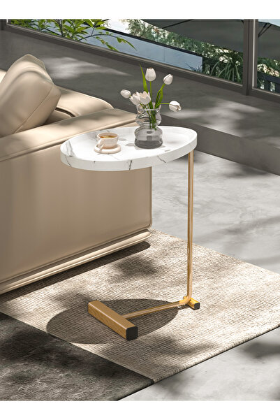 Zeno C-Shaped Marble Top Side Table Gold Frame-Small Modern Accent End Table ...