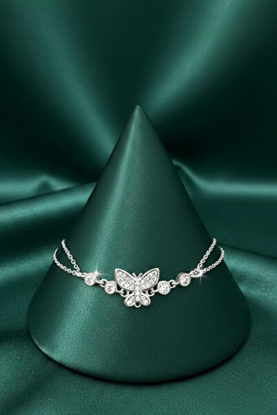 Julia Silver 925 Ayar Kelebekli Taşlı Zarif Çift Zincirli Özel Tasarım Bileklik