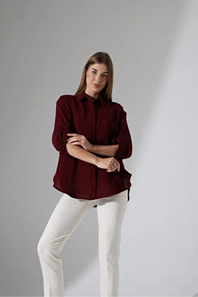 GÖMLEKÇİNİZ Women's Burgundy Muslin Fabric Long Sleeve Relaxed Fit Shirt