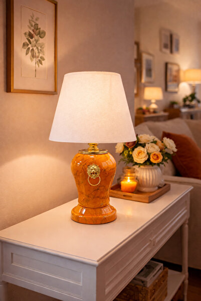 ferayhome Abajur Aydınlatma Aslanlı Şah Soft Sarı Mermer Beyaz Şapka Gold - F...