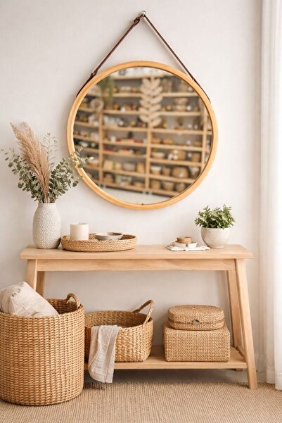 atölye +1 Deri Kulp Detaylı Duvar Aynası