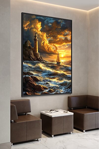 ARTAN GALLERY İtalyan Kadife Deniz Feneri ve Yelkenli Duvar Tablosu | Yağlı B...