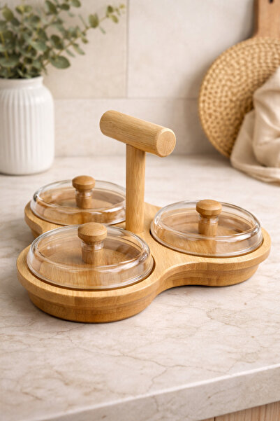 DİVAYS Kapaklı 3 Bölmeli Ahşap Sunumluk | Mika Kapaklı Kuruyemiş ve Lokum Ser...