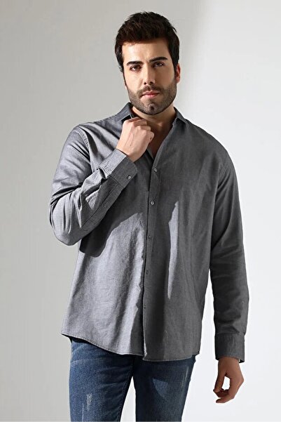 Corradeo Giyim Men's Gray Oxford Fabric Long Sleeve Shirt