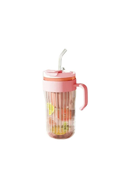 wei inox Mug with lid and straw, glass+plastic+silicone, pink, 580 ml