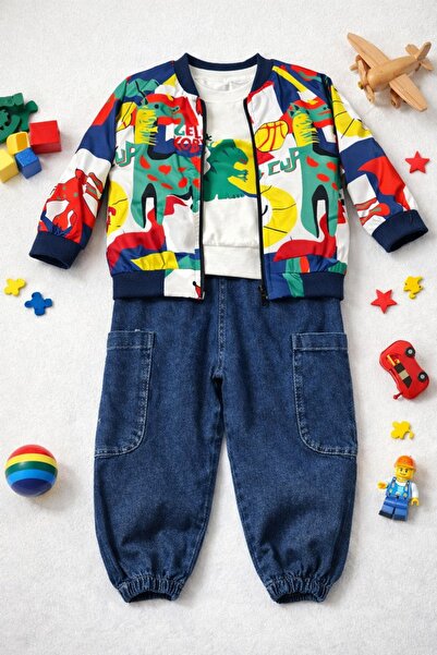Luna Dino Desenli Ceketli Erkek Bebek 3 Lü Takım
