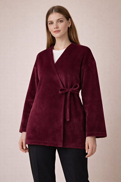 Kirazgym Women's Side-Tie Fur-Capped Jacket - Burgundy