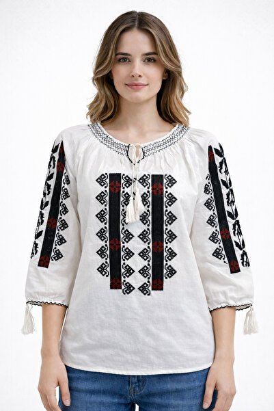 Nobrand Traditional White Dress with Black-Red Geometric Embroidery, 3/4 Slee...
