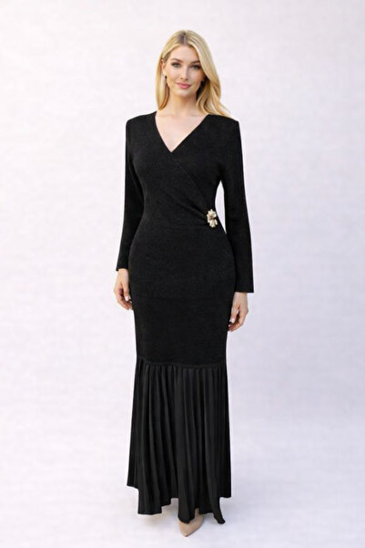 günay boutıque Black Glittery Knitwear Dress with Pleated Skirt Detail and Br...