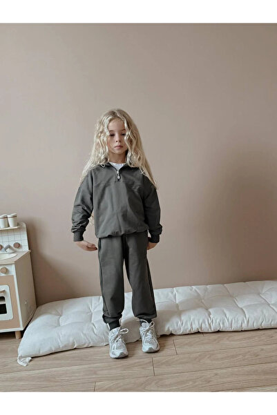 kidstalya Füme Mock Neck Half Zipper Unisex Children's Set