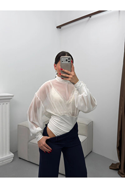 Zoom Butik Balıkçı Yaka Şifon Bodysuit - BEYAZ