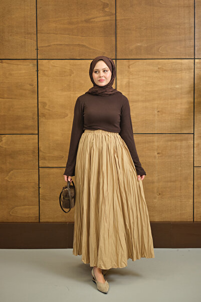 LOCCO Fusta de damă cu talie elastică și detaliu încrețit, culoare nurcă