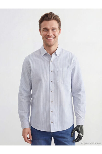 LC Waikiki Blue Easy-To-Wear Men's Shirt with Front Flap and Velcro Sleeves