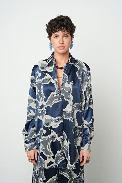 Orfeo Negro Women's Abstract Cloud Patterned Flexible Satin Look Navy Blue Ov...