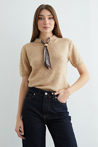 Fulla Moda Scarf Detailed Crew Neck Short Sleeve Knitwear Sweater