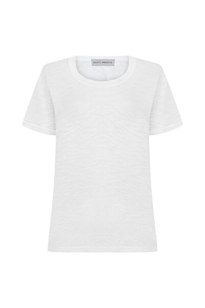 Beauty Omelette Kırık Beyaz Bisiklet Yaka Flamlı Kısa Kol Tshirt