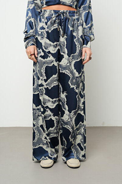 Orfeo Negro Women's Abstract Cloud Patterned Flexible Satin Look Navy Blue Pa...