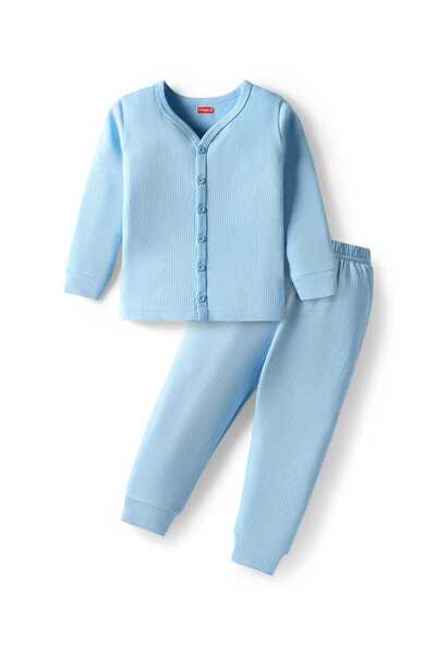 Babyhug Knit Full Sleeves Solid Front Open Thermal Vest & Pants Set - Light Blue