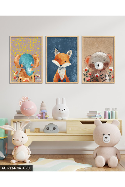 Evinemoda Детска стая с тематика животни 3-частна картина с дървена рамка ACT