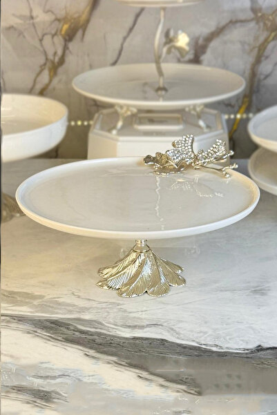 MAY HOME Gümüş Pırlanta Kelebek Detaylı Ayaklı Porselen Sunumluk Tabak (27 Cm)