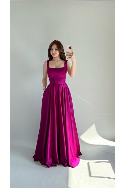 AYŞENUR DİNÇER Julia Kare Yaka Saten Abiye Fuşya