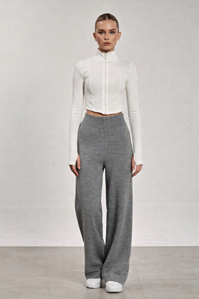 RAMİOR COLLECTION Gray High Waist Wide Leg Knitwear Trousers