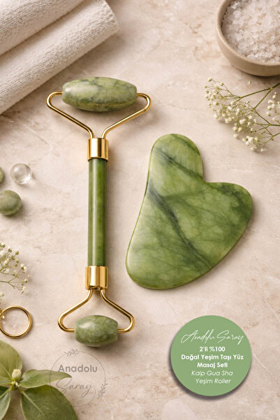 Anadolu Saray 2’li %100 Doğal Yeşim Taşı Yüz Masaj Seti – Kalp Gua Sha & Yeşi...