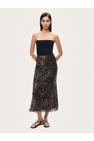 Nocturne Leopar Desenli Midi Çan Etek