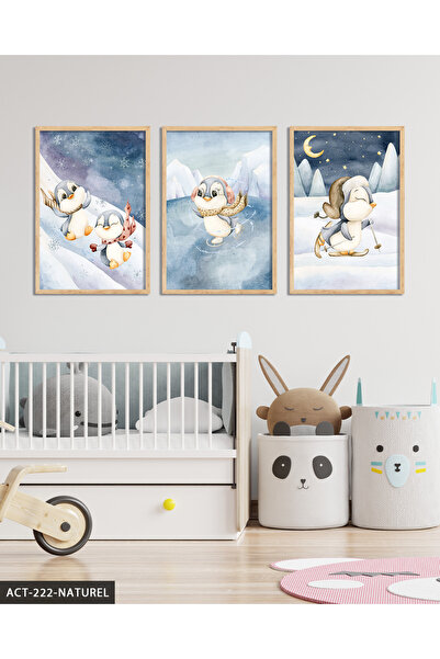 Evinemoda Pinguini fericiți, tablou înrămat pe lemn, 3 piese, ACT