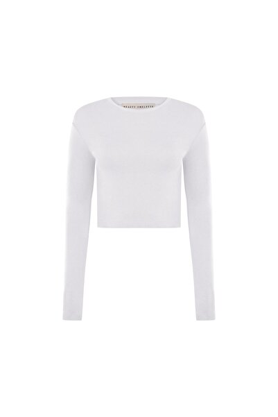 Beauty Omelette Beyaz Bisiklet Yaka Uzun Kol Crop Body