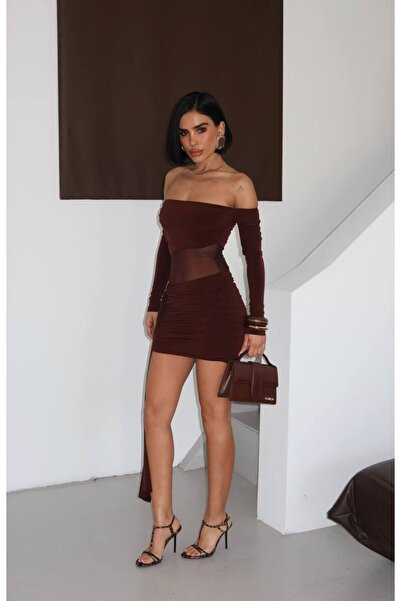 NEW JOURNAL Γυναικείο Καφέ Φόρεμα Τούλι Μίνι με Χαμηλό Κόψιμο και Ζώνη YEL221801