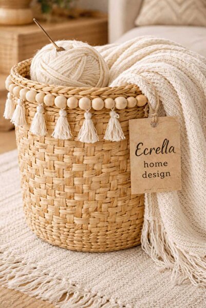 ecrella Bohem Hasır Sepet – Ahşap Boncuk & Jüt Püsküllü, Dekoratif Çok Amaçlı...