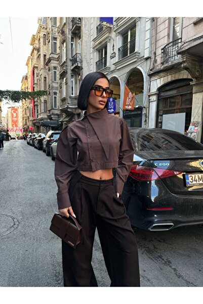 NEW JOURNAL Kadın Kahverengi Beli Lastikli Crop Gömlek YEL221784