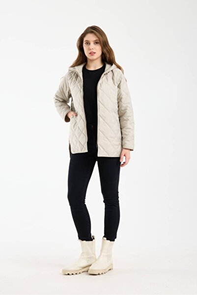 Wise Women's Hooded Oversized Quilted Fabric Zipper Closure Slit Coat