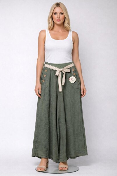 EREN STYLE Italian Corsage Button Detail Authentic Belted Wide Leg Linen Trou...