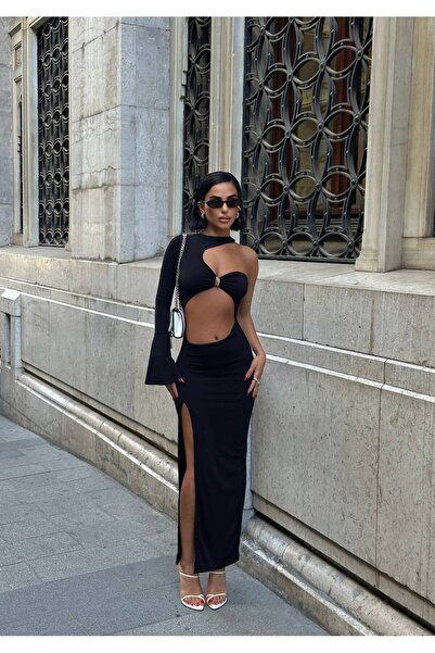 NEW JOURNAL Γυναικείο μαύρο μονόμανικο μάξι φόρεμα με λεπτομέρεια σκίσιμο YEL...