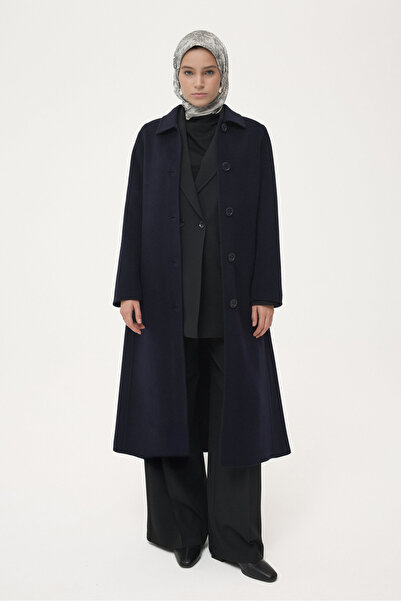 Tuğba El Yapımı %100 Yün Şömiziye Yakalı Kaban - Lacivert