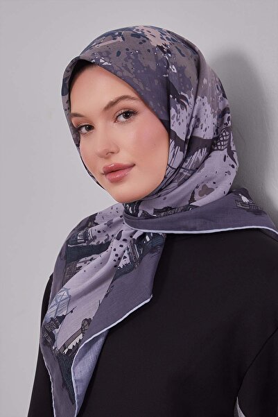 Levidor Gray Landscape Pattern Silk Cotton Scarf