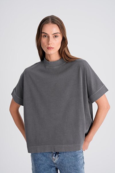 Beauty Omelette Antrasit Yıkamalı Dik Yaka Oversize Tshirt