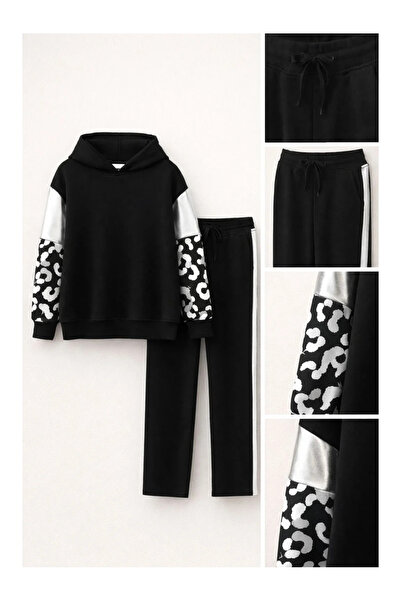 kidstalya Hooded Girls' Set with Shiny Sleeve Detail