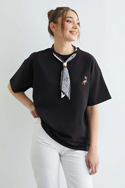 Fulla Moda Scarf Detailed Crew Neck Embroidered Oversized T-Shirt