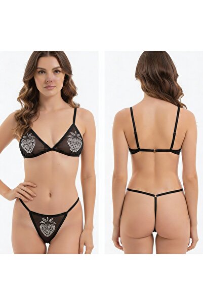 TWINTICKS Μαύρο διαφανές σετ εσώρουχων με πέτρινο κέντημα με μοτίβο φράουλας,...