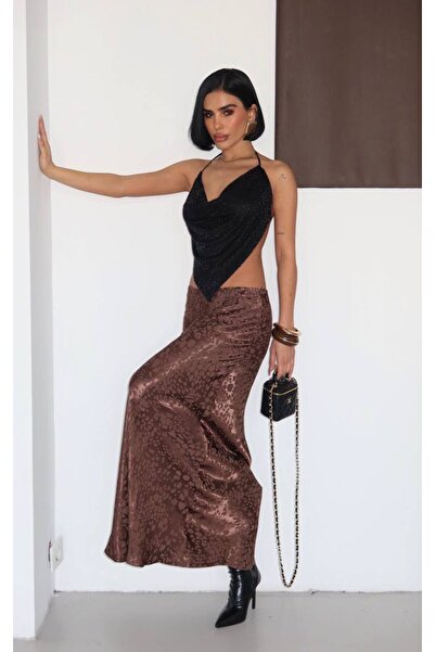 NEW JOURNAL Fusta midi din satin maro flocat cu imprimeu pentru femei YEL221802