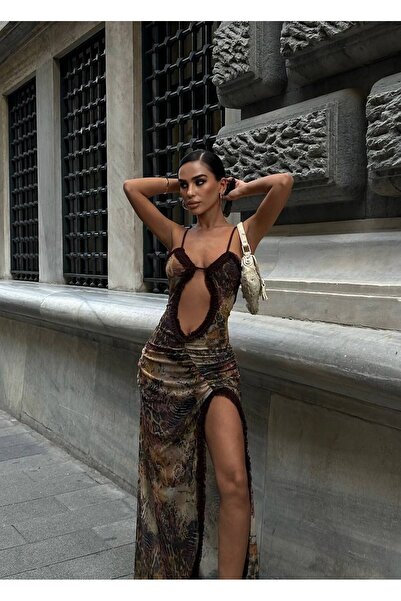 NEW JOURNAL Women's Green Chest-Cut Out Slit Detailed Strappy Maxi Dress Yel2...